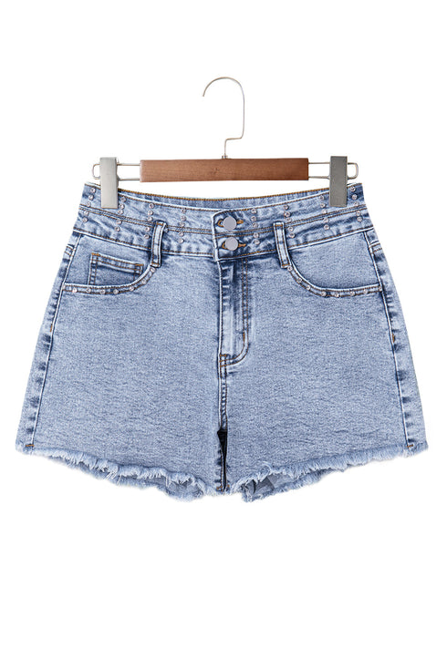 Beau Blue Rhinestone Light Wash Raw Hem High Waist Denim Shorts