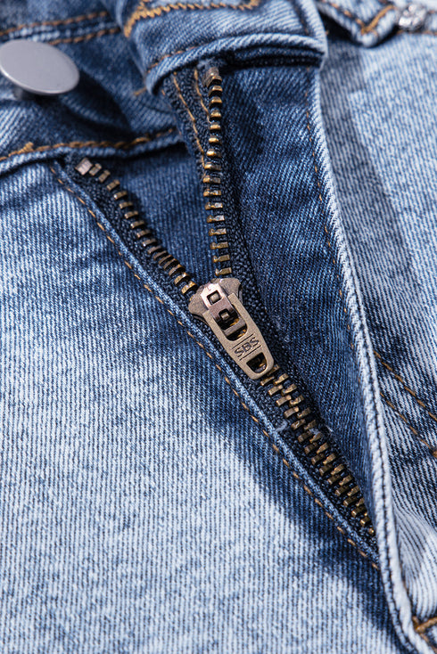 Beau Blue Rhinestone Light Wash Raw Hem High Waist Denim Shorts