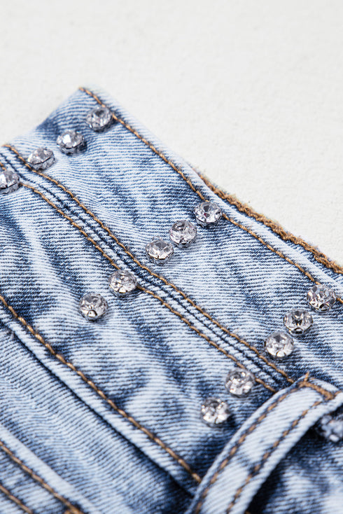 Beau Blue Rhinestone Light Wash Raw Hem High Waist Denim Shorts