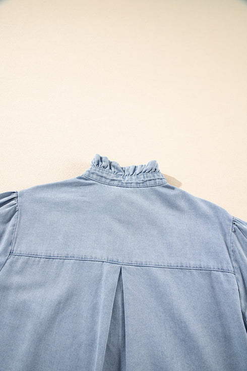 Beau Blue Ruffle Short Puff Sleeve Summer Chambray Shirt