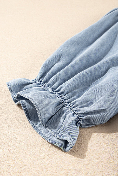 Beau Blue Ruffle Short Puff Sleeve Summer Chambray Shirt