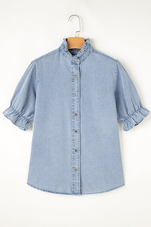 Beau Blue Ruffle Short Puff Sleeve Summer Chambray Shirt