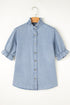 Beau Blue Ruffle Short Puff Sleeve Summer Chambray Shirt