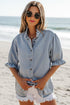 Beau Blue Ruffle Short Puff Sleeve Summer Chambray Shirt