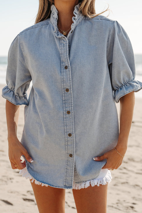 Beau Blue Ruffle Short Puff Sleeve Summer Chambray Shirt