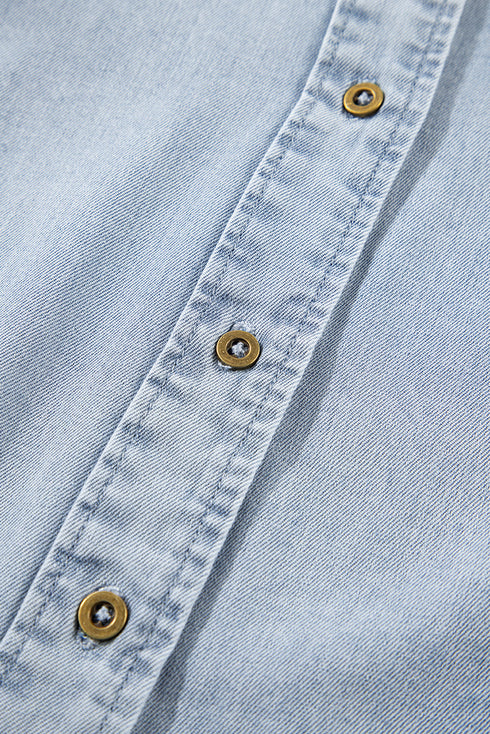 Beau Blue Ruffle Short Puff Sleeve Summer Chambray Shirt