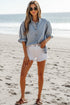 Beau Blue Ruffle Short Puff Sleeve Summer Chambray Shirt
