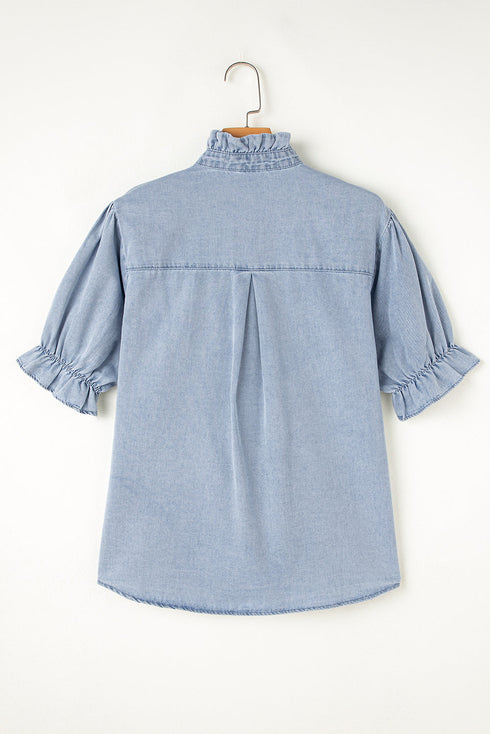 Beau Blue Ruffle Short Puff Sleeve Summer Chambray Shirt