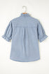 Beau Blue Ruffle Short Puff Sleeve Summer Chambray Shirt
