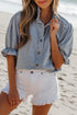 Beau Blue Ruffle Short Puff Sleeve Summer Chambray Shirt
