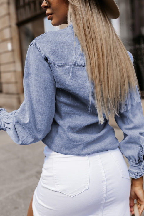 Beau Blue Ruffled Long Sleeve Buttoned Denim Shirt