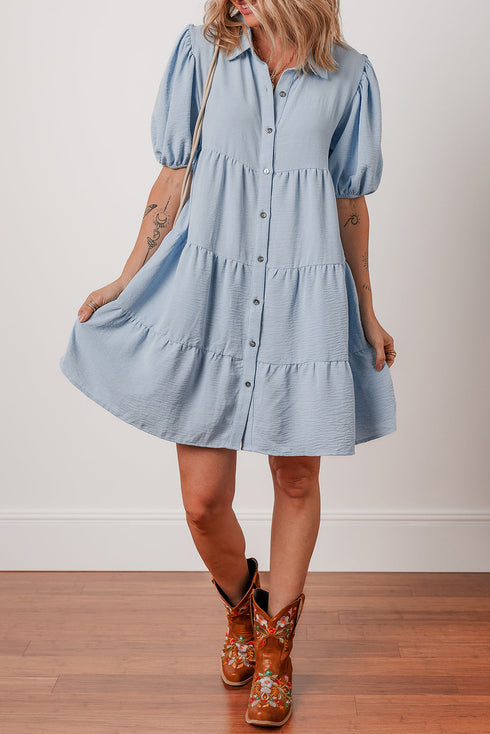 Beau Blue Shirt Collar Button Up Short Puff Sleeve Tiered Shift Dress