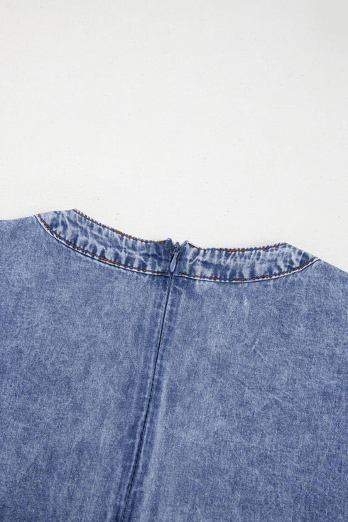 Beau Blue Tie V Neck Tucking Detail Short Sleeve Denim Shift Dress