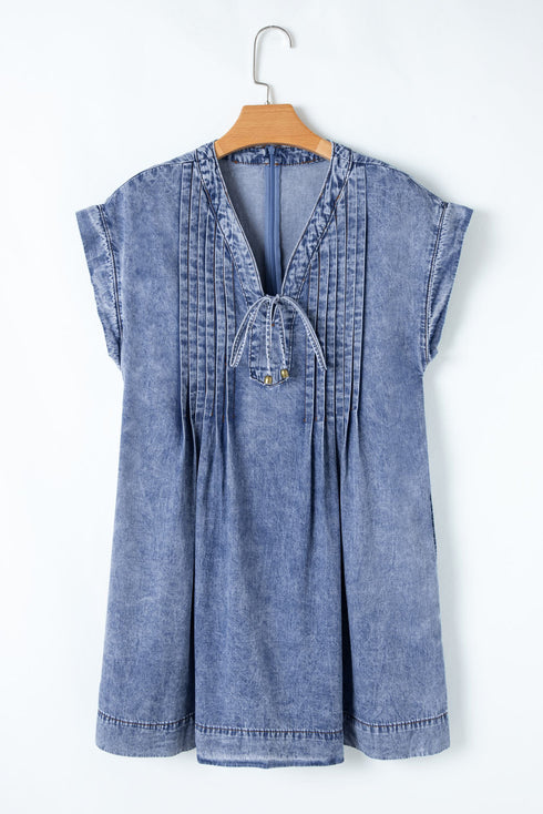 Beau Blue Tie V Neck Tucking Detail Short Sleeve Denim Shift Dress