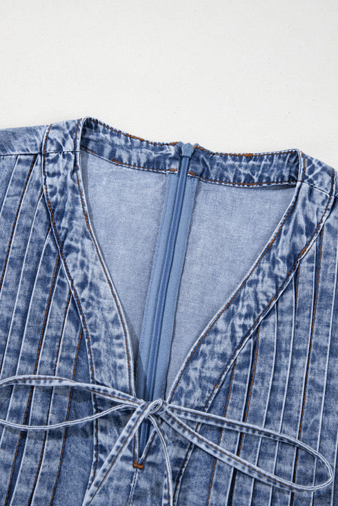 Beau Blue Tie V Neck Tucking Detail Short Sleeve Denim Shift Dress