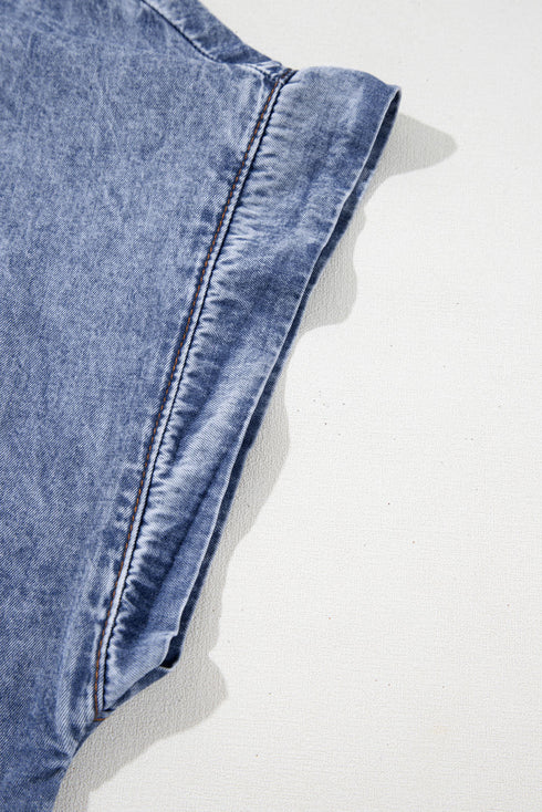 Beau Blue Tie V Neck Tucking Detail Short Sleeve Denim Shift Dress