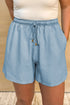 Beau Blue Washed Chambray Drawstring Elastic Waist Plus Size Shorts