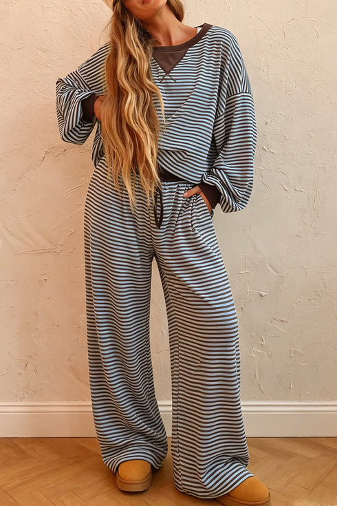 Striped Drop Shoulder Loose Top Pant Set