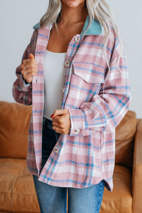 Color Block Collared Flap Pocket Relaxed Plaid Shacket