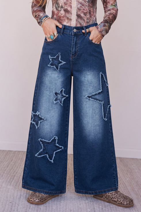 Applique Denim Star Decorated Wide Leg Jeans