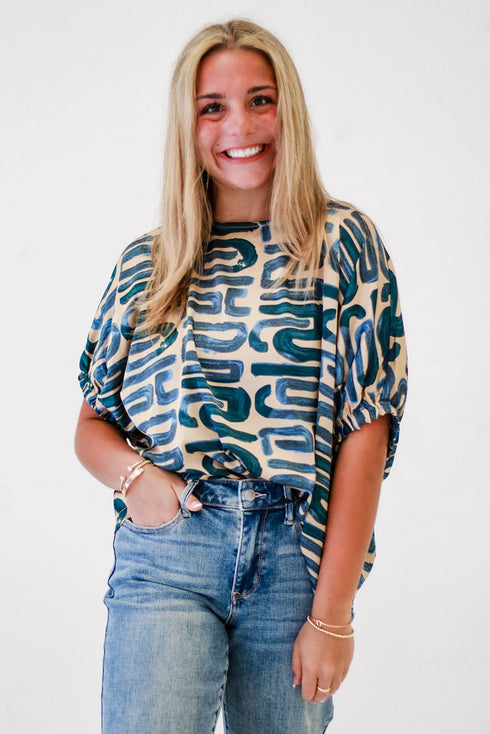 Beige Abstract Print Short Sleeve Loose Top