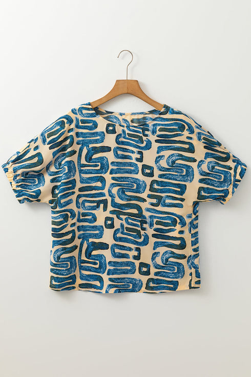 Beige Abstract Print Short Sleeve Loose Top