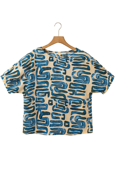 Beige Abstract Print Short Sleeve Loose Top