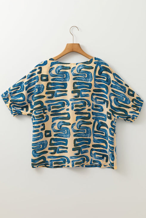 Beige Abstract Print Short Sleeve Loose Top