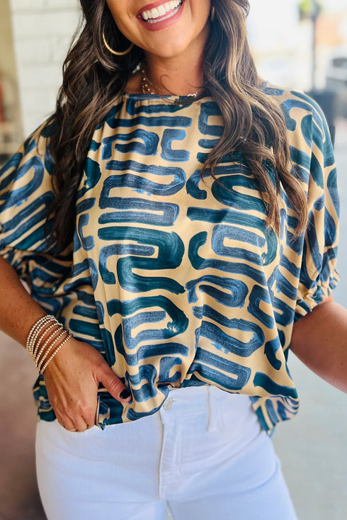 Beige Abstract Print Short Sleeve Loose Top
