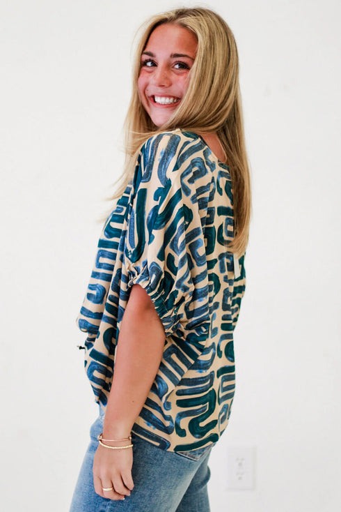 Beige Abstract Print Short Sleeve Loose Top