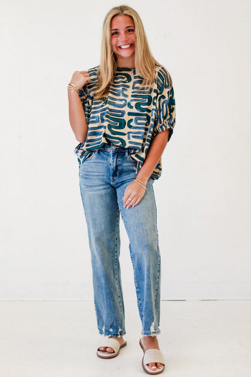 Beige Abstract Print Short Sleeve Loose Top