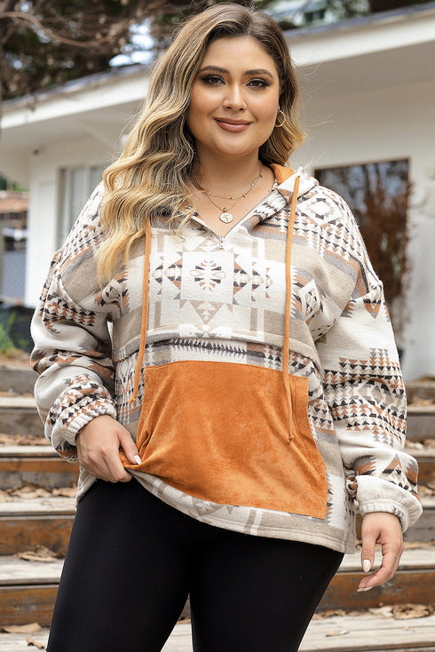Beige Aztec Print Kangaroo Pockets Plus Size Hoodie