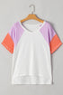 Beige Colorblock Patchwork V Neck Exposed Seam High Low T Shirt