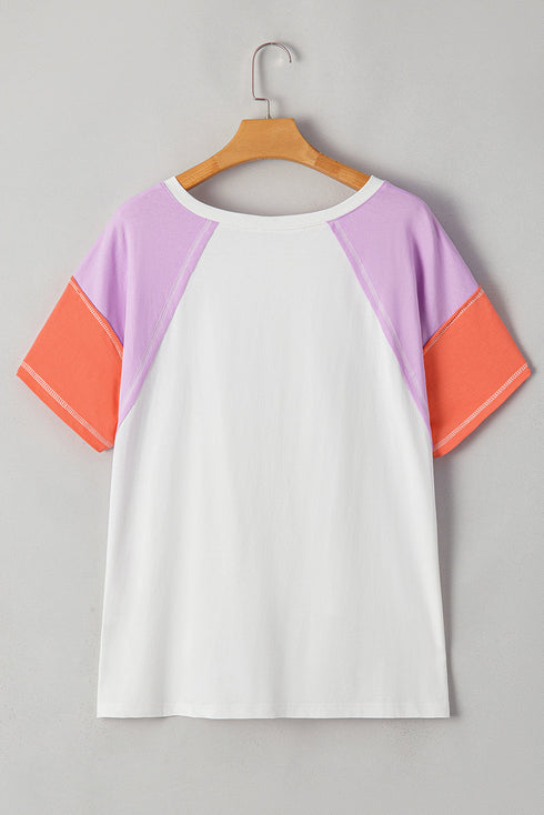 Beige Colorblock Patchwork V Neck Exposed Seam High Low T Shirt