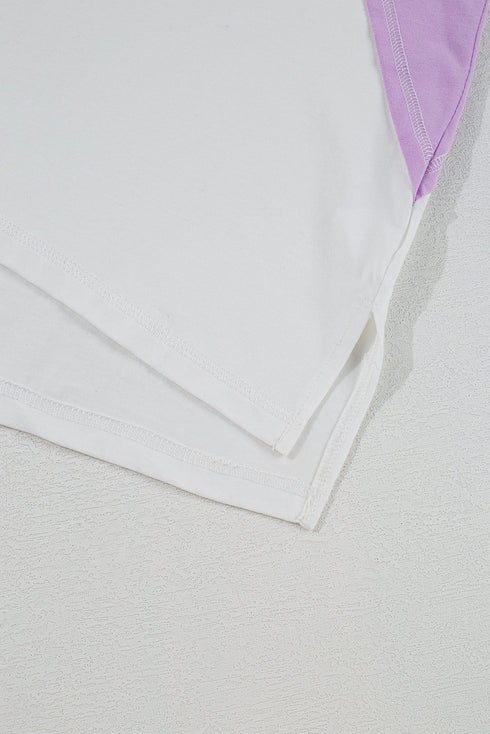 Beige Colorblock Patchwork V Neck Exposed Seam High Low T Shirt