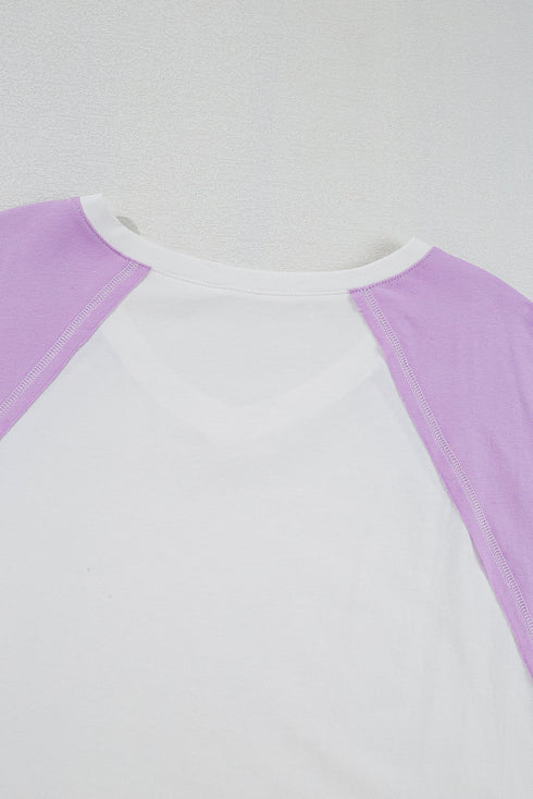 Beige Colorblock Patchwork V Neck Exposed Seam High Low T Shirt