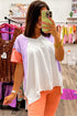 Beige Colorblock Patchwork V Neck Exposed Seam High Low T Shirt
