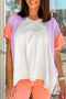 Beige Colorblock Patchwork V Neck Exposed Seam High Low T Shirt