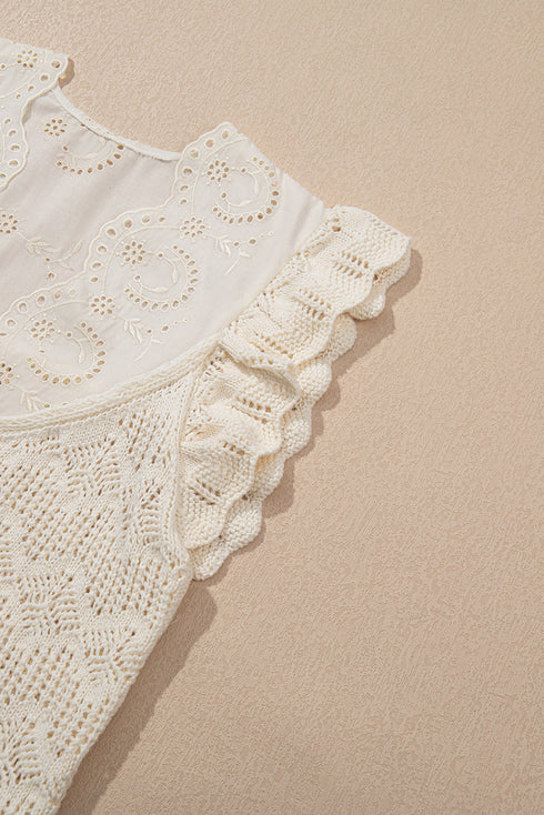 Beige Embroidered Patchwork Hollow Out Knitted Ruffle Sweater Vest