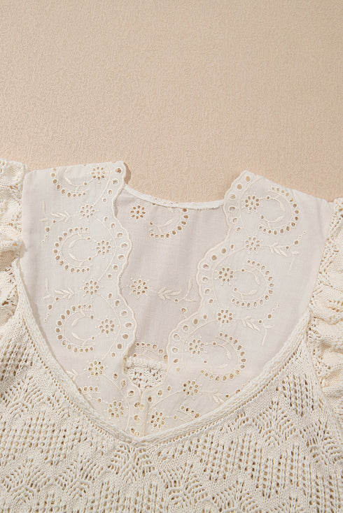 Beige Embroidered Patchwork Hollow Out Knitted Ruffle Sweater Vest