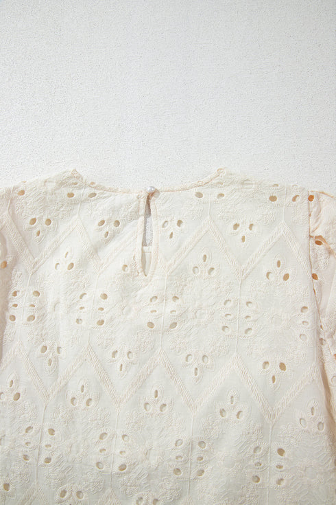 Beige Eyelet Embroidered Half Sleeve Casual Blouse