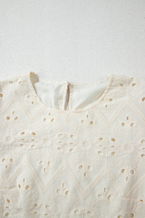 Beige Eyelet Embroidered Half Sleeve Casual Blouse