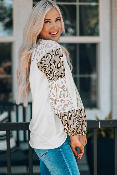 Beige Faith Corss Leopard Bishop Sleeve Pullover