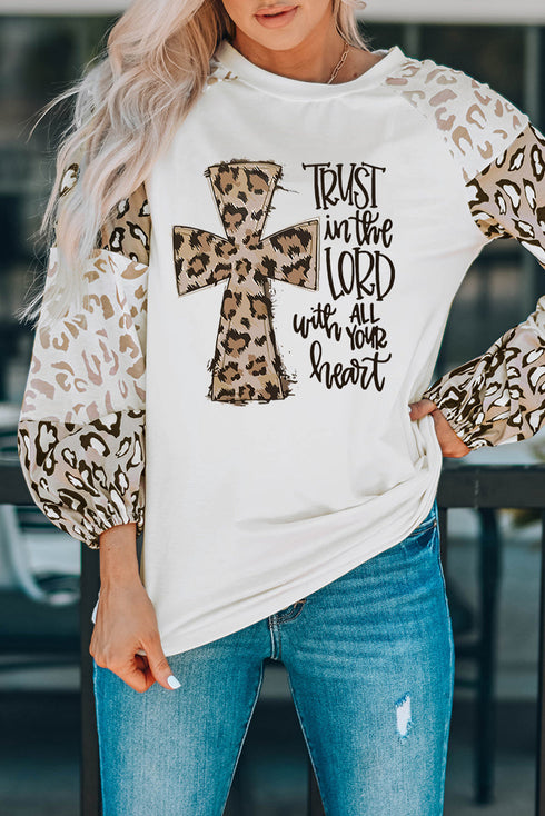 Beige Faith Corss Leopard Bishop Sleeve Pullover