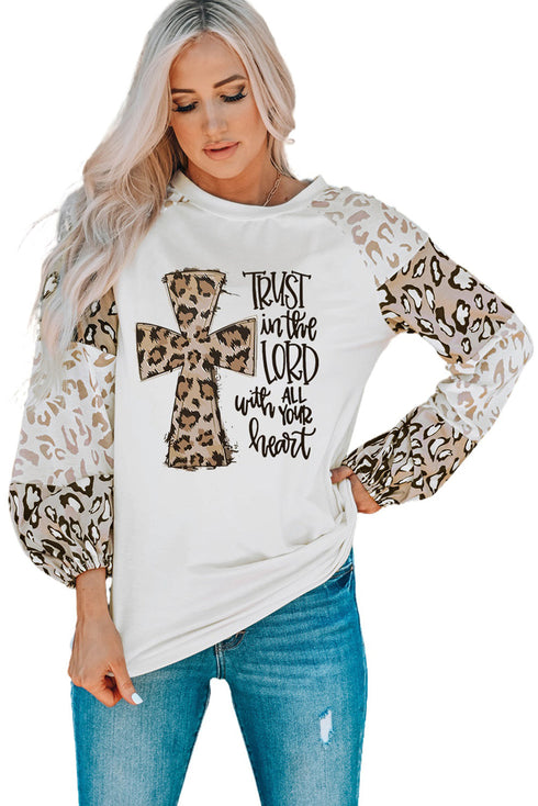 Beige Faith Corss Leopard Bishop Sleeve Pullover