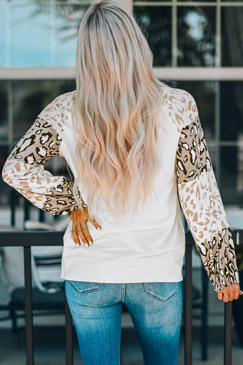 Beige Faith Corss Leopard Bishop Sleeve Pullover