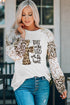 Beige Faith Corss Leopard Bishop Sleeve Pullover
