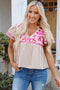 Beige Floral Embroidered Short Sleeve Notched V Neck Blouse