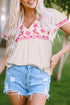 Beige Floral Embroidered Short Sleeve Notched V Neck Blouse