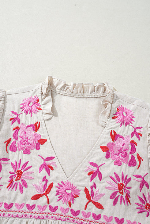 Beige Floral Embroidered Short Sleeve Notched V Neck Blouse